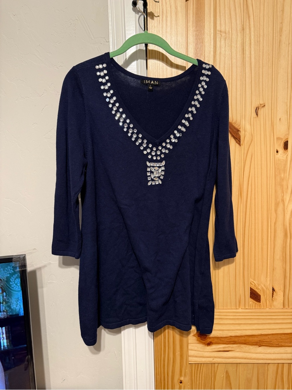 IMAN Navy V-Neck Embellished Top